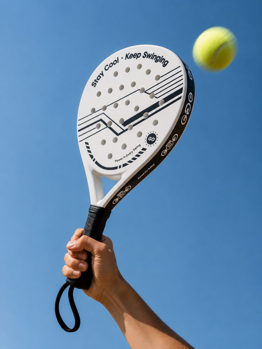 Padel racket held up against blue sky, Court Theory